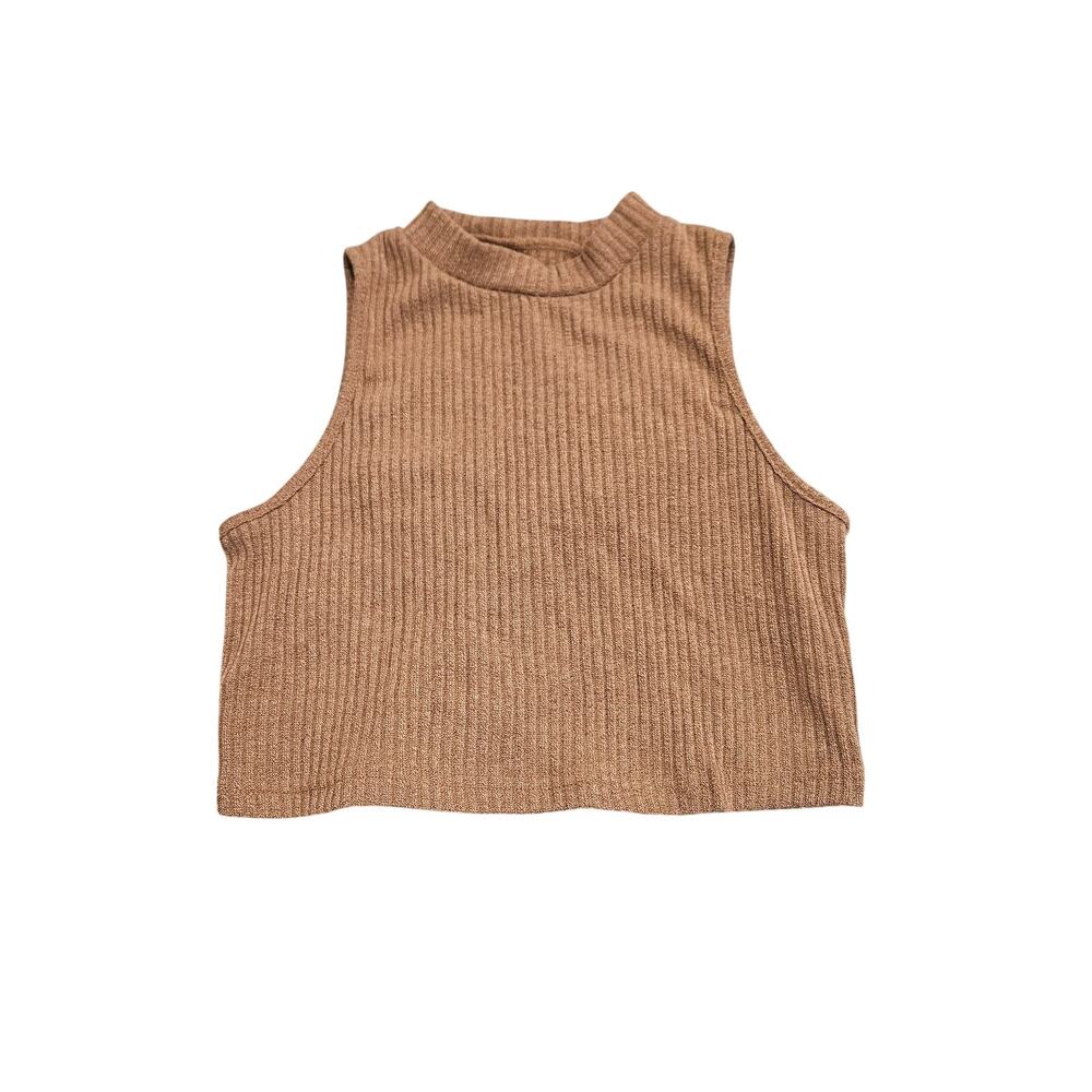 Shein Ribbed Crop Tank Top Womens XL Brown Sleeveless Mock Neck Stretch Basic